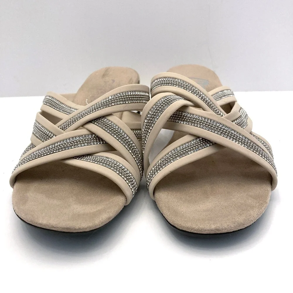 Onex Misha Sandals Block Heel Womens 8 Beige Straps Crystals Made In Italy - Picture 9 of 9